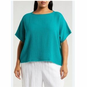 Eileen Fisher Teal Textured Boxy Short-Sleeve Top